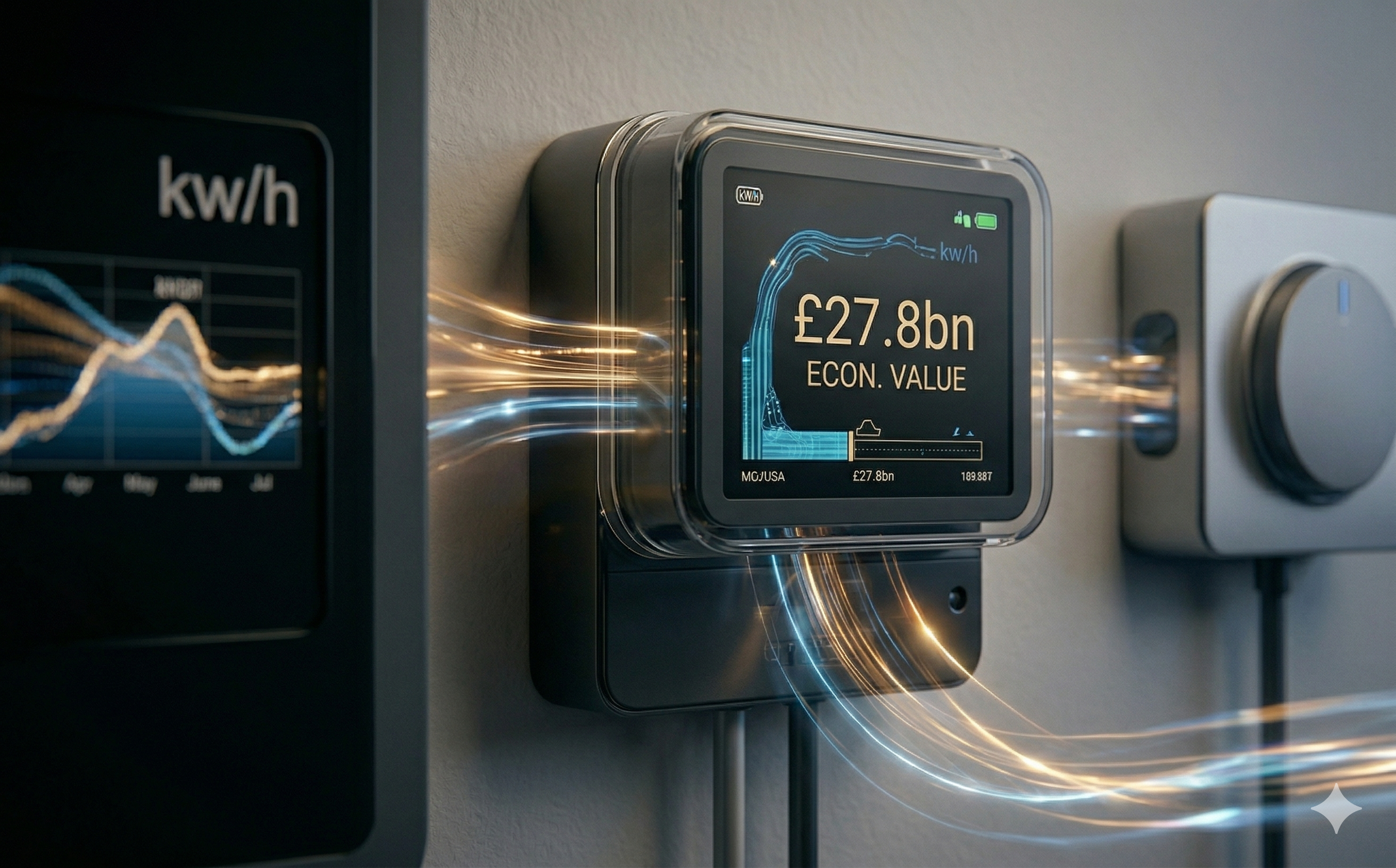 Smart energy meter displaying £27.8bn economic value with data streams